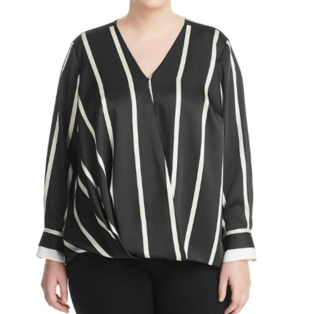 Vince Camuto Womens Faux Wrap Pullover Black & White Stripe XL